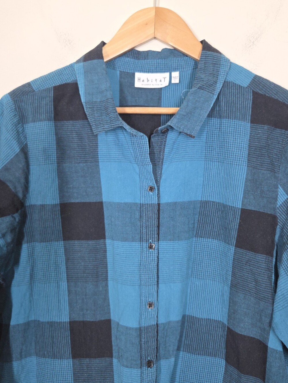 Habitat Cotton Blend Blue Plaid Button Up Large Boho Minimalist Lagenlook - Picture 2 of 10